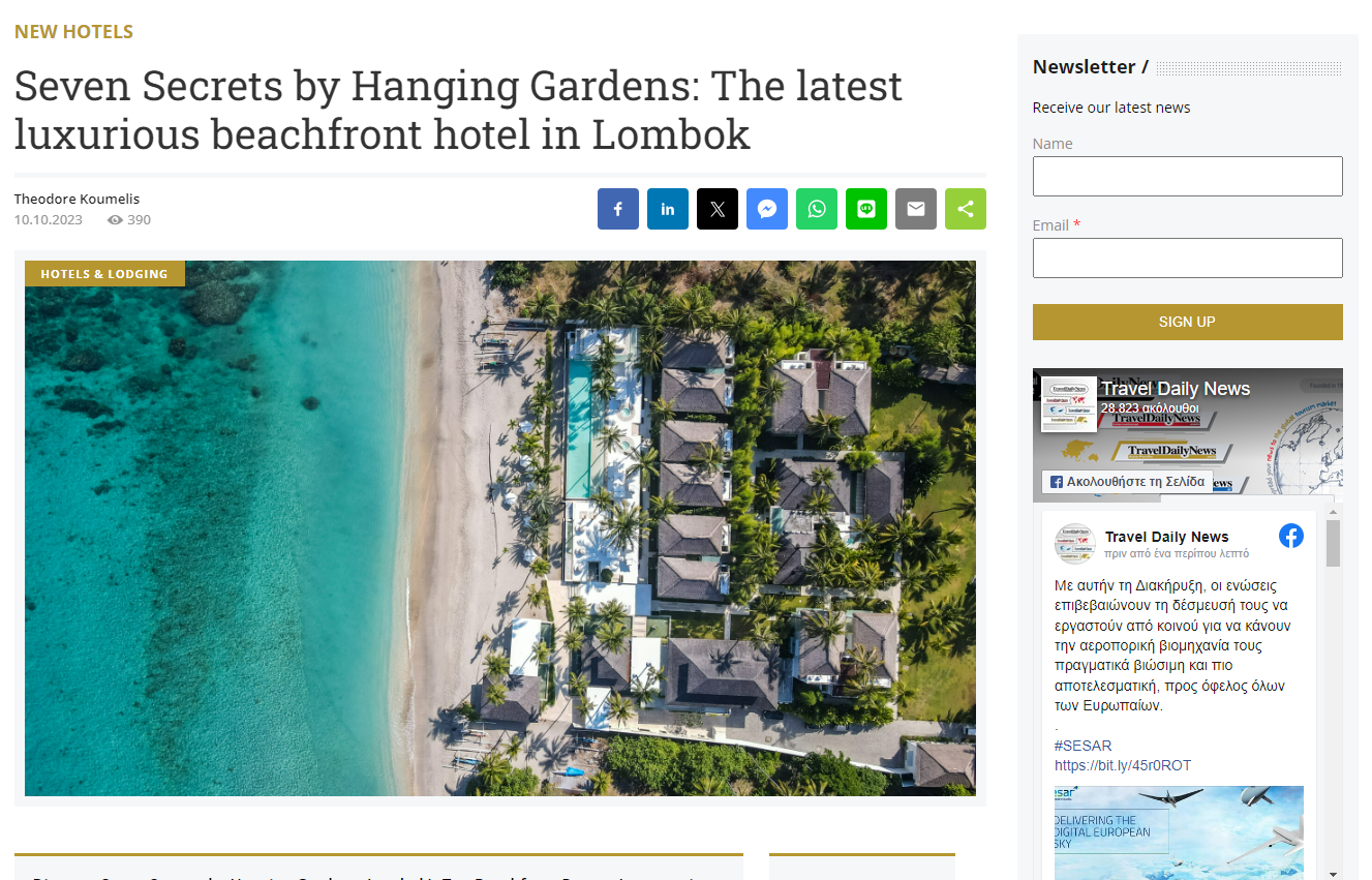 Travel Daily News - Seven Secrets by Hanging Gardens: The latest luxurious beachfront hotel in Lombok